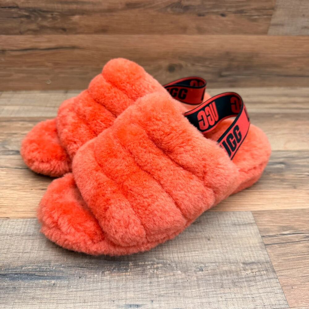 UGG Fluff Yeah Slide Womens Size 6 Orange Sheepskin Logo Strap Sandals